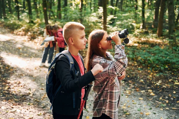 远足的概念 夏天的白天 孩子们一起在绿林里 — 图库照片