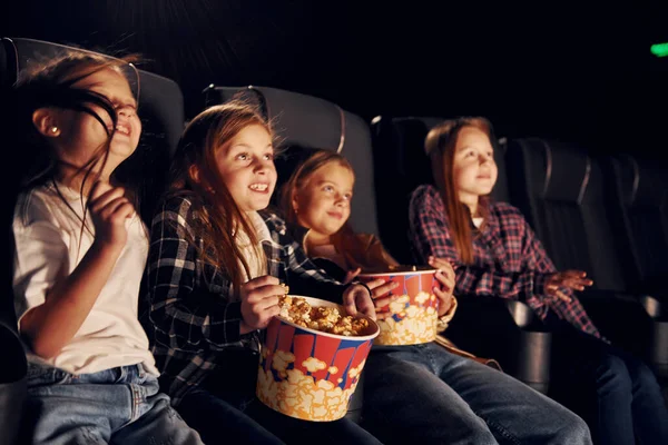 Relaxing Having Fun Group Kids Sitting Cinema Watching Movie Together — Stock Photo, Image