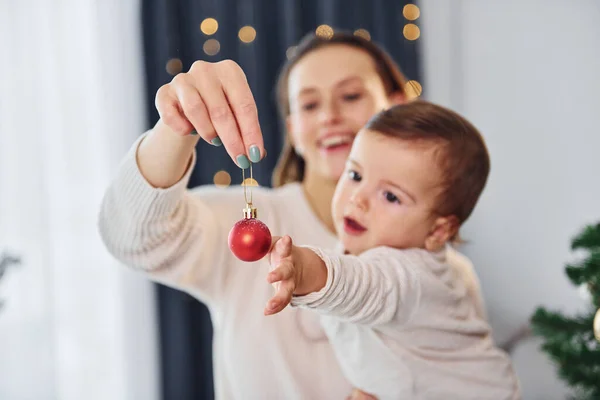 Beautiful Tree Mother Her Little Daughter Indoors Home Together — Stock Photo, Image