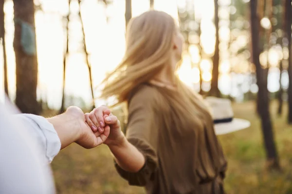 Woman Holding Man Hand Happy Couple Outdoors Forest Daytime — Stock Photo, Image