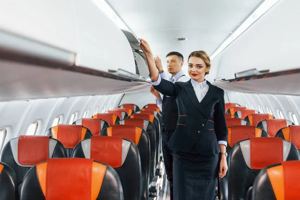 Young Stewardess Steward Work Passanger Airplane — Stock Photo, Image