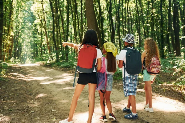 Letar Efter Väg Barnpromenader Skogen Med Reseutrustning — Stockfoto