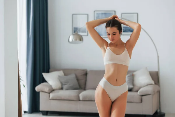 Holding Hair Beautiful Woman Underwear Posing Indoors — Stock Photo, Image