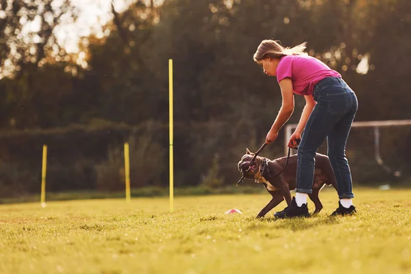 Haciendo Trucos Mujer Ropa Casual Con Pit Bull Aire Libre —  Fotos de Stock