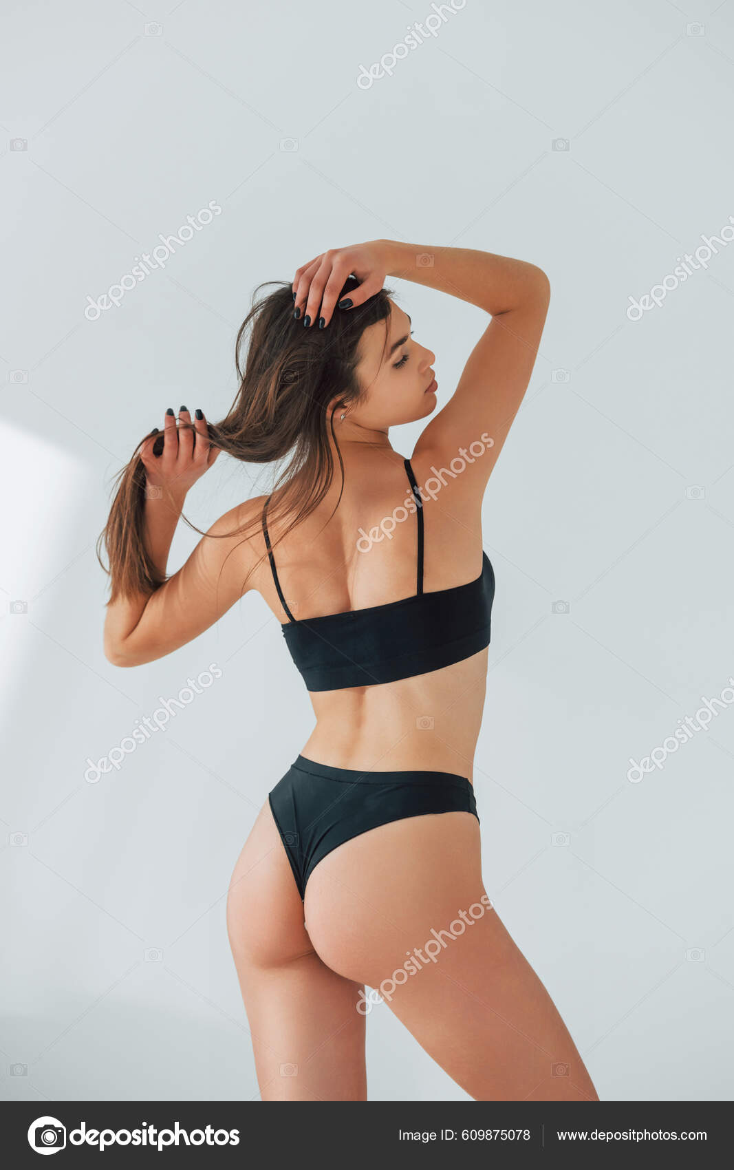 Showing Body Beautiful Woman Underwear Posing Indoors Stock Photo