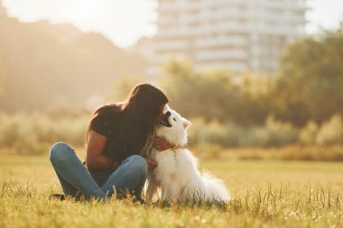 Evcil hayvanı kucaklamak. Köpeğiyle bir kadın güneşli bir günde sahada eğleniyor..