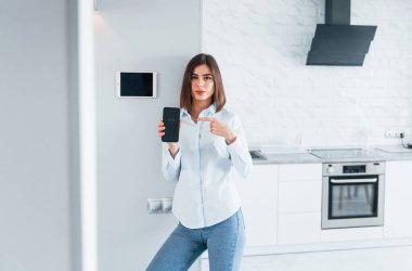 Bir dokunuşla evi kontrol ediyor. Genç bayan gündüz vakti akıllı ev odasında..