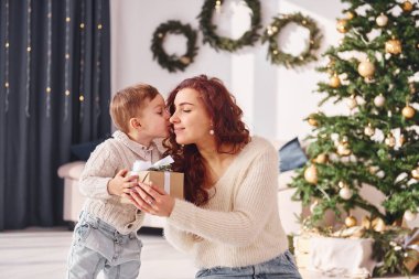 Anne ve küçük oğlu evde. Noel süslemeleri.
