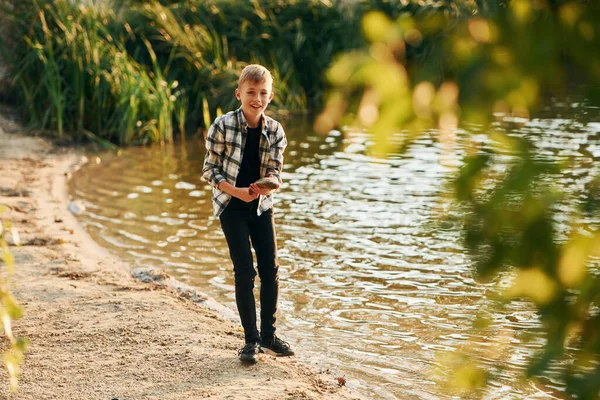 Good Catch Boy Casual Clothes Fishion Outdoors Summertime — Stock Photo, Image