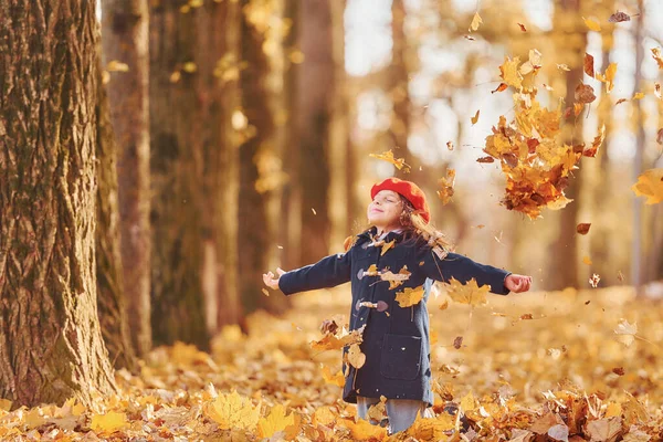 Yellow Leaves Cute Positive Little Girl Have Fun Autumn Park — Stock Photo, Image