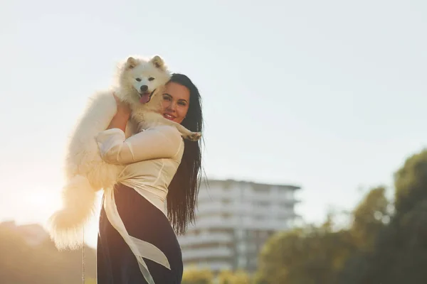 Abraçando Animal Estimação Mulher Com Seu Cão Está Divertindo Campo — Fotografia de Stock