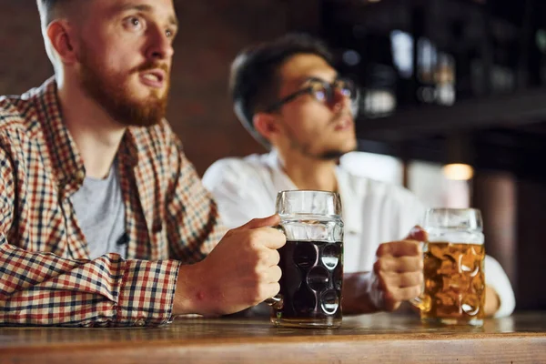 Talking Each Other People Casual Clothes Sitting Pub — Stock Photo, Image