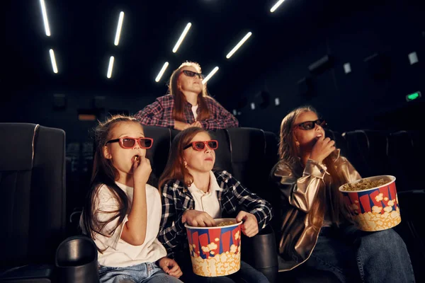 Eating Popcorn Group Kids Sitting Cinema Watching Movie Together — Stock Photo, Image