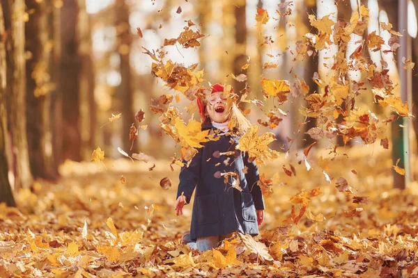Подбрасывать Листья Воздух Милая Позитивная Девочка Веселитесь Осеннем Парке — стоковое фото
