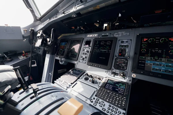 Display with information. Close up focused view of airplane cockpit.