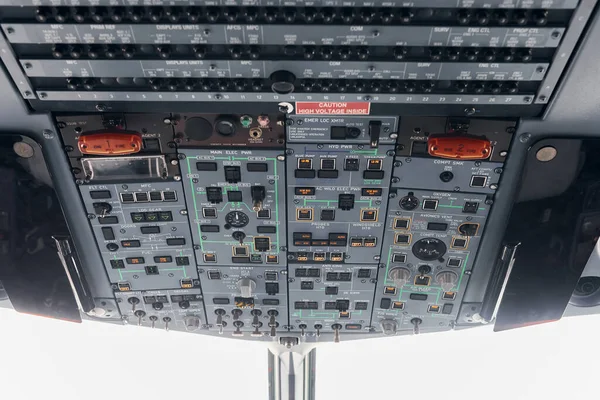 Control panel. Close up focused view of airplane cockpit.