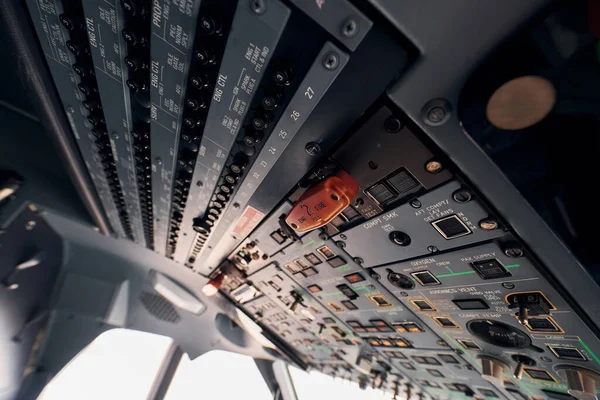 Painel Controlo Vista Focada Perto Cockpit Avião — Fotografia de Stock