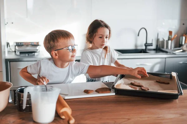 Holding Cookie Little Boy Girl Preparing Christmas Sweets Kitchen — Stock Photo, Image