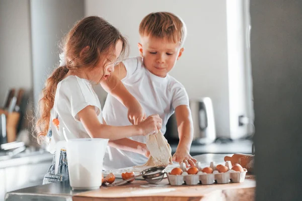 Learning How Cook Little Boy Girl Preparing Christmas Cookies Kitchen — Stock Photo, Image