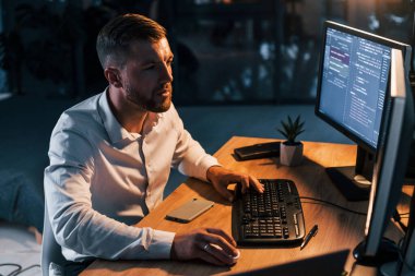 Gece vakti. Resmi giyinmiş genç işadamı birden fazla ekranla ofiste..