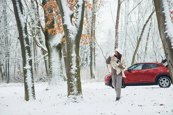 木は雪で覆われている 美しい若い女性は冬の時点で彼女の赤い自動車の近くに屋外にある — ストック写真