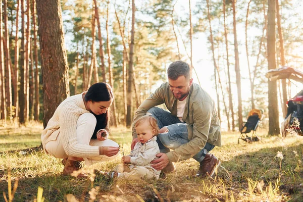 夏の幸せ 父と母と娘の家族が森にいる — ストック写真
