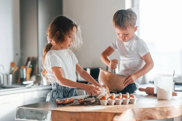 Sitting Table Little Boy Girl Preparing Christmas Cookies Kitchen — Stock Photo, Image