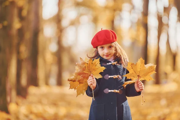 Een Rode Baret Schattig Positief Klein Meisje Veel Plezier Herfst — Stockfoto