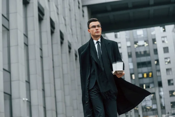 Walking Forward Businessman Black Suit Tie Outdoors City — Stock Photo, Image