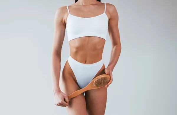 Výhled Částice Žena Sportovně Štíhlým Tělem Typ Spodním Prádle Které — Stock fotografie