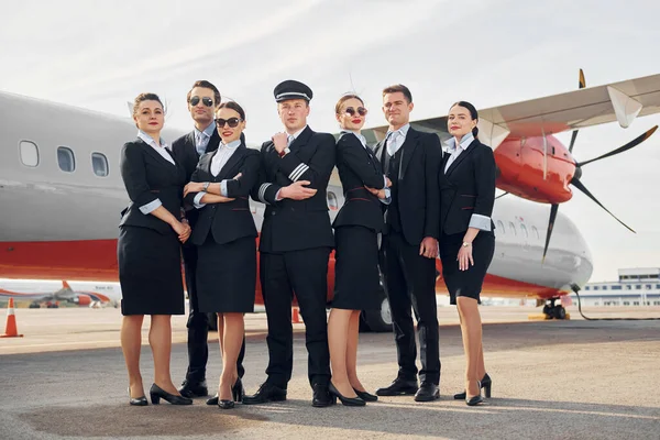 Posing Camera Crew Airport Plane Workers Formal Clothes Standing Outdoors — Stock Photo, Image