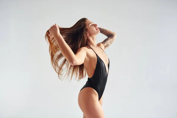 Standing Posing Beautiful Seductive Sporty Woman Sexy Body Studio — Stock Photo, Image