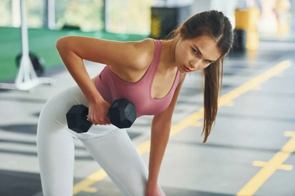 Exercises Endurance Beautiful Young Woman Slim Body Type Gym — Stock Photo, Image