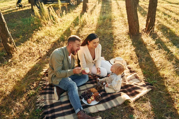 Avoir Pique Nique Heureuse Famille Père Mère Petite Fille Est — Photo