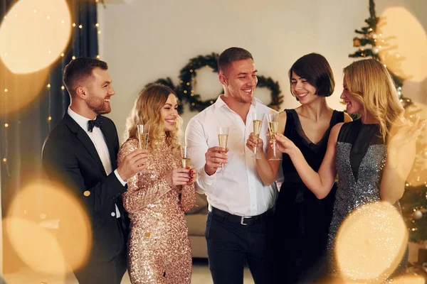 Cheering Champagne Group People Have New Year Party Indoors Together — Stock Photo, Image