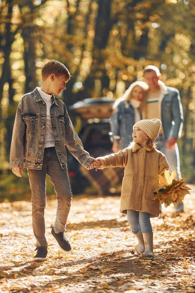 Hermana Con Hermano Caminando Familia Feliz Está Parque Otoño Juntos —  Fotos de Stock