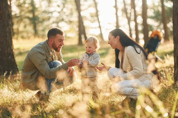 Divirtiéndose Familia Feliz Padre Madre Hija Pequeña Está Bosque —  Fotos de Stock