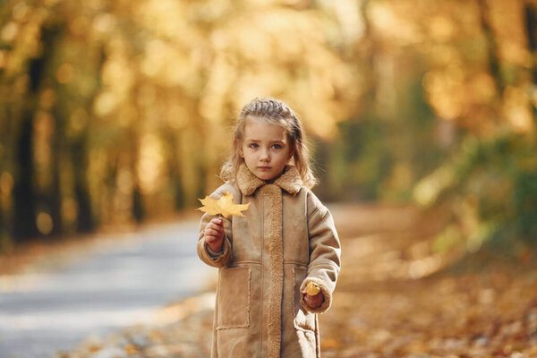 Маленькая девочка наслаждается прогулкой в осеннем парке.
