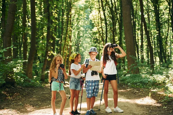 Poszukuję Ścieżki Dzieci Spacerujące Lesie Sprzętem Podróżniczym — Zdjęcie stockowe