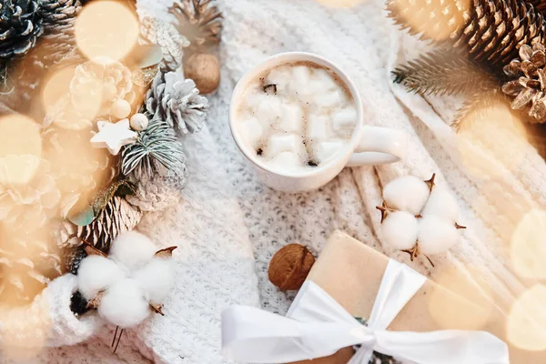 Beba Copo Com Marshmallow Fundo Natal Com Decoração Férias — Fotografia de Stock