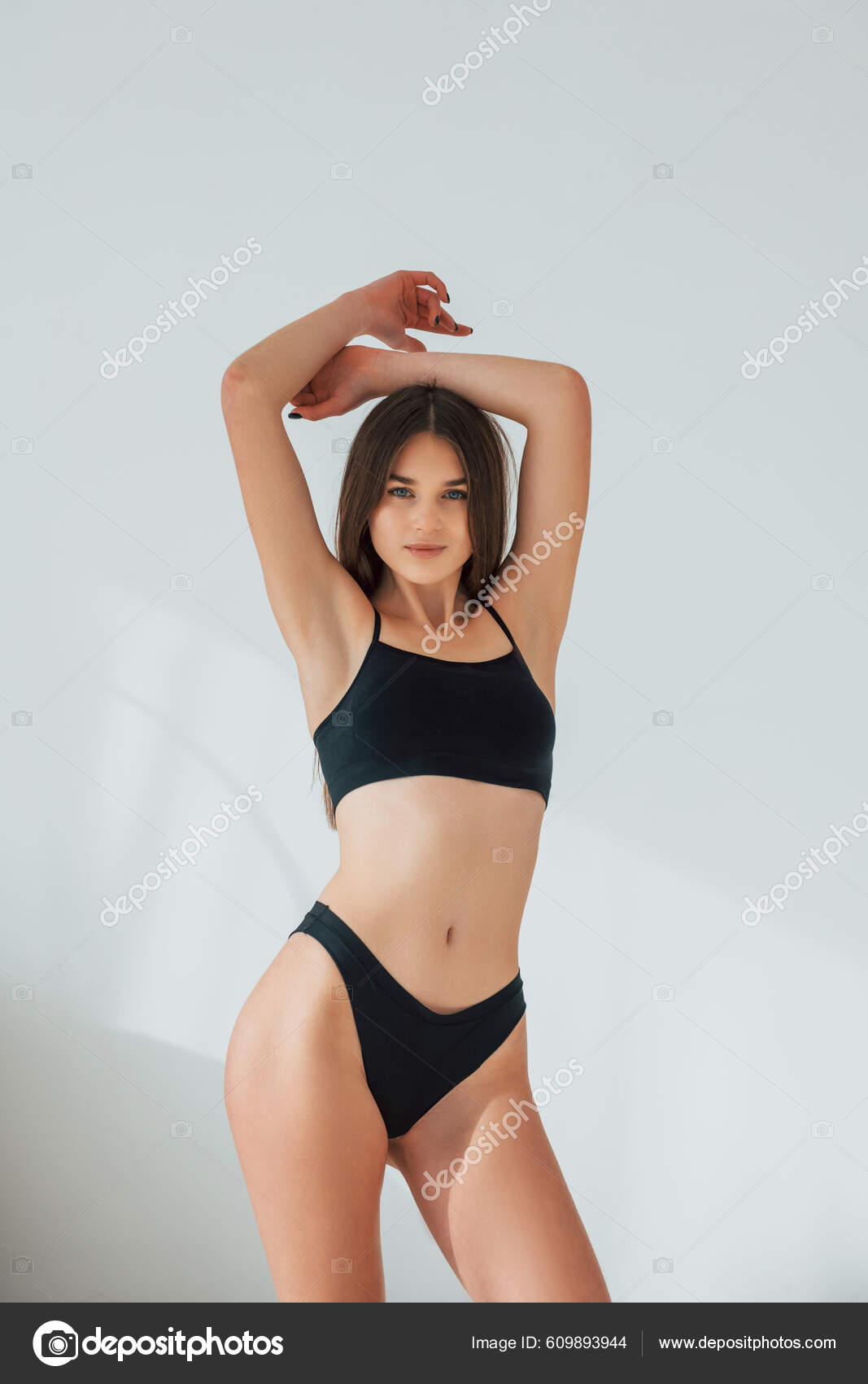 Studio Beautiful Woman Underwear Posing Indoors Stock Photo by