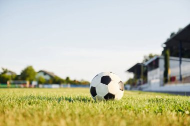 Yeşil çimlerin üzerinde uzanan futbol topunun yakın görüntüsü.