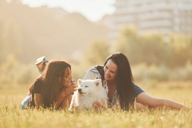 Köpekli iki kadın güneşli bir günde sahada eğleniyor..