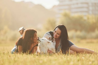 Köpekli iki kadın güneşli bir günde sahada eğleniyor..