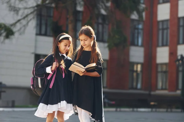 Gemeinsam Gehen Zwei Schülerinnen Stehen Der Nähe Eines Schulgebäudes — Stockfoto
