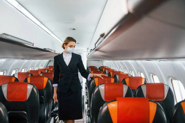 Mask Young Stewardess Work Passanger Airplane — Stock Photo, Image