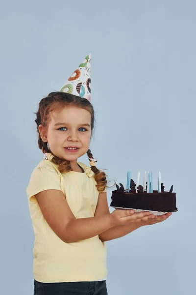 Happy Little Girl Standing Have Fun Indoors Birthday Party Cake — Stock Photo, Image