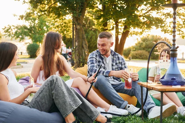 Prachtig Zonlicht Groep Jongeren Geeft Overdag Een Feestje Het Park — Stockfoto