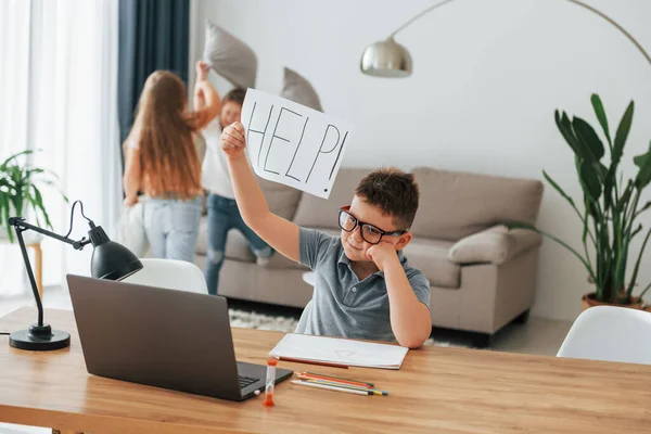 Boy Holding Paper Help Word Refuses Take Lesson Kids Having — Stock Photo, Image