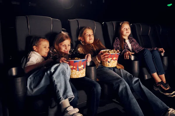 Sitting Black Seats Group Kids Sitting Cinema Watching Movie Together — Stock Photo, Image